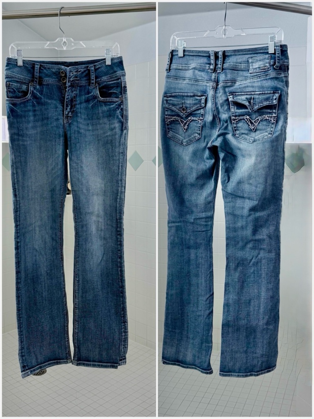Women's Boot Cut Jeans in Washed Blue with Detailed Back Pockets